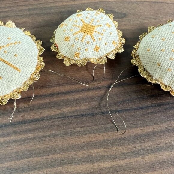 Vintage 1980 Cross-Stitch Christmas Ornaments Set Of 3 Gold Trim Candle Angel Tr - Picture 6 of 9